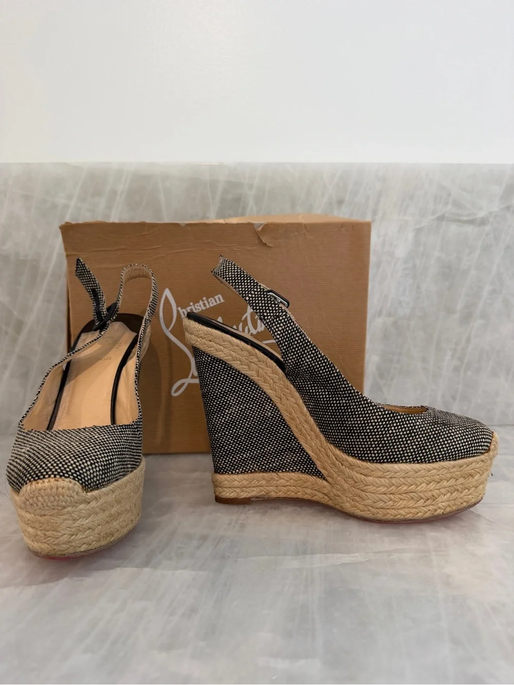 Christian Louboutin Black and Natural Espadrille Wedge Slingback
